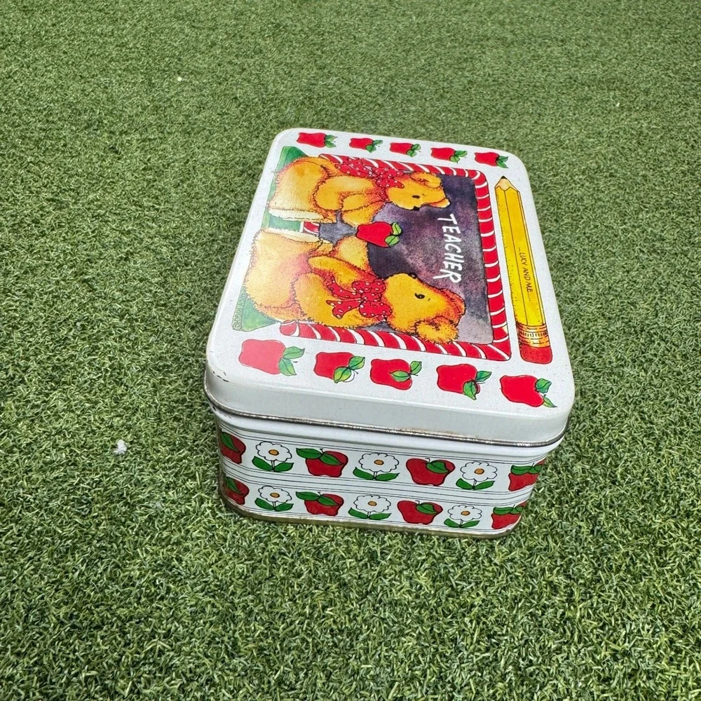 Vintage Enesco Teacher Teddy Bears Tin‎ Box Apple School Decor Storage Case
